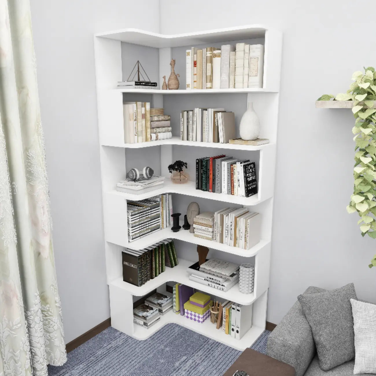 Manufactured Wood Corner Bookshelf with 6 Shelves – Image 44