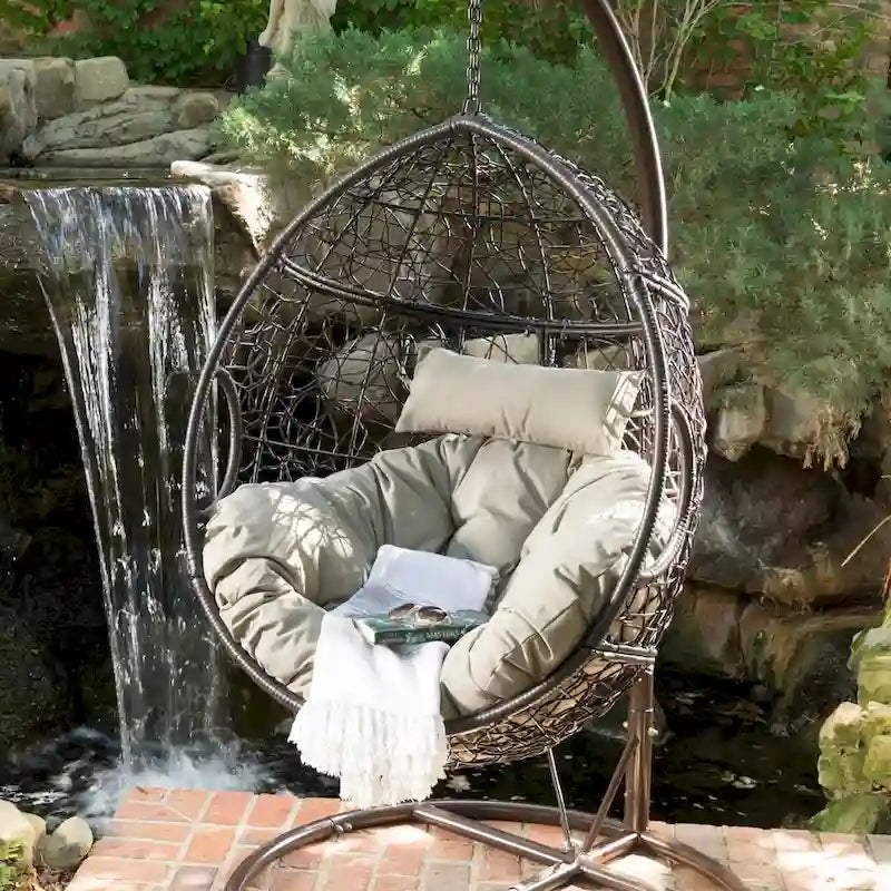 Khaki Brown / Gray Wicker Hanging Egg Chair with Cushion, 1-Person, 300 lbs Capacity – Image 12
