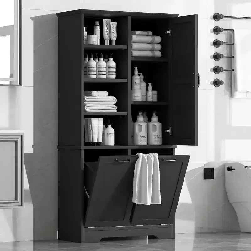Bathroom Storage Cabinet with Doors and Drawers Tilt-Out Laundry Hamper Multiple Storage Space Freestanding Style – Image 2