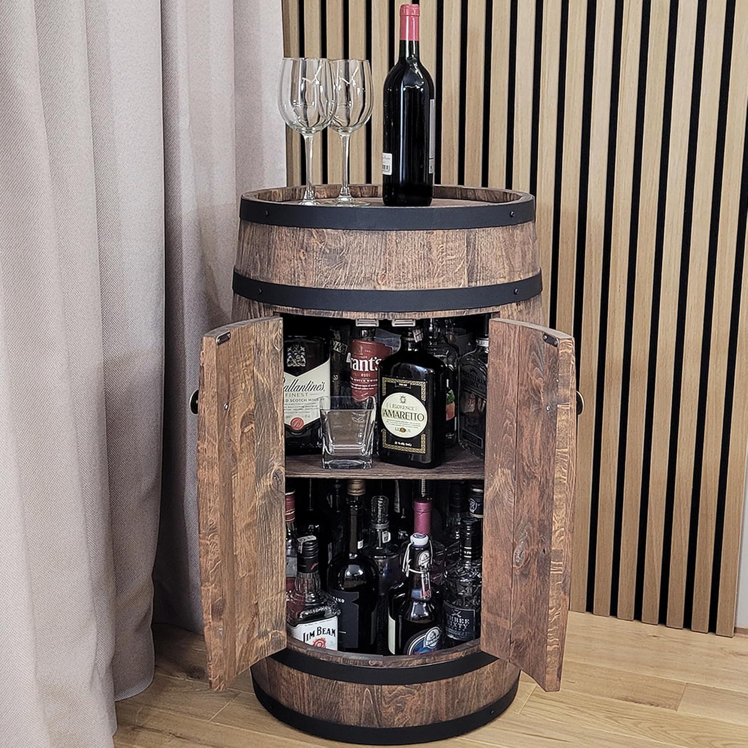 weeco Tonneau en Bois avec LED RGB et Deux Étagères – Mini Bar avec Portes – Couleur Wenge, Brun Foncé – Dimensions 80x50cm – Image 9