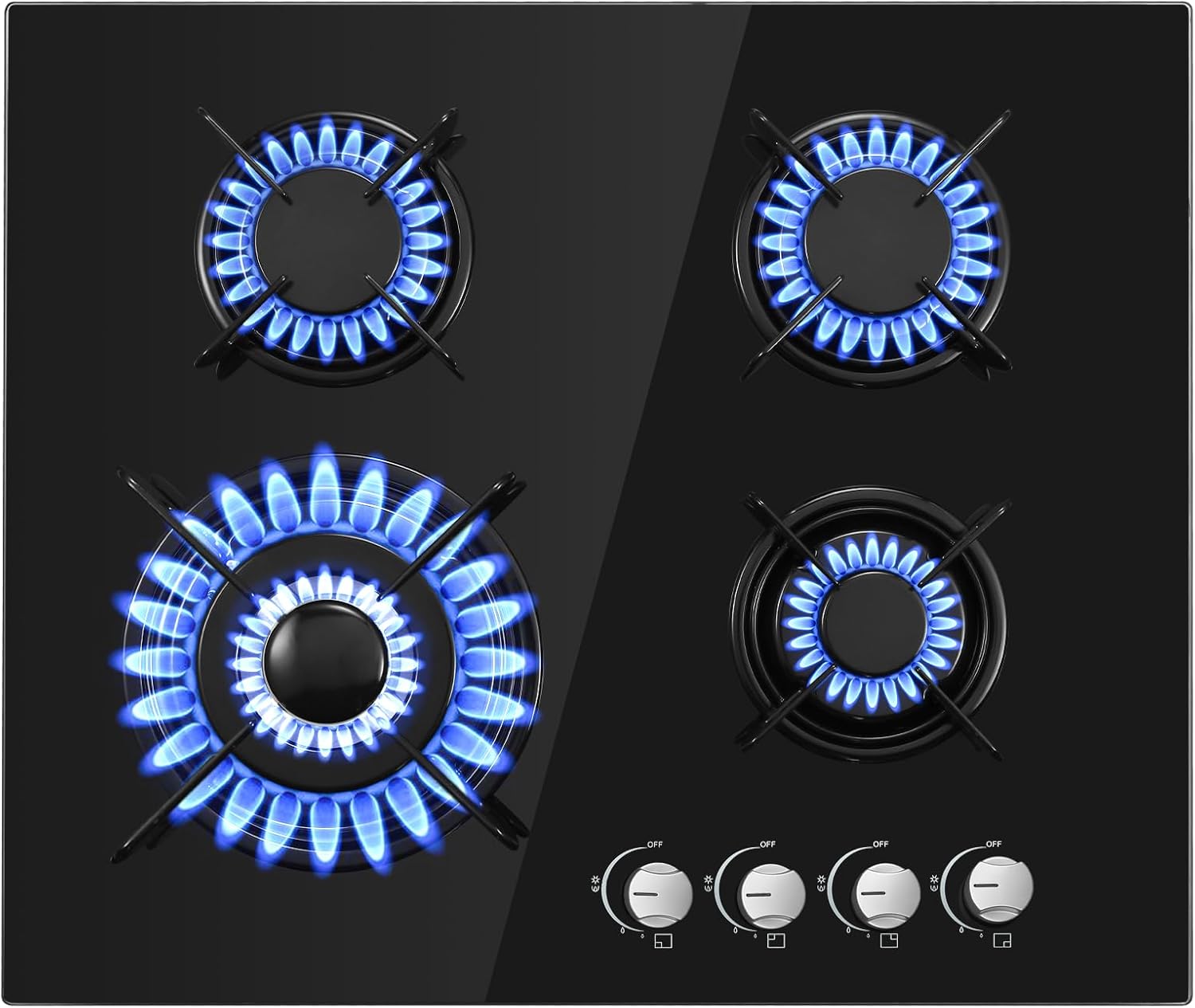 TopStrong Plaque de cuisson à gaz 4 brûleurs, 60 cm en verre noir, avec brûleur wok 8060 W et protection thermocouple, compatible gaz naturel et GPL – Image 8