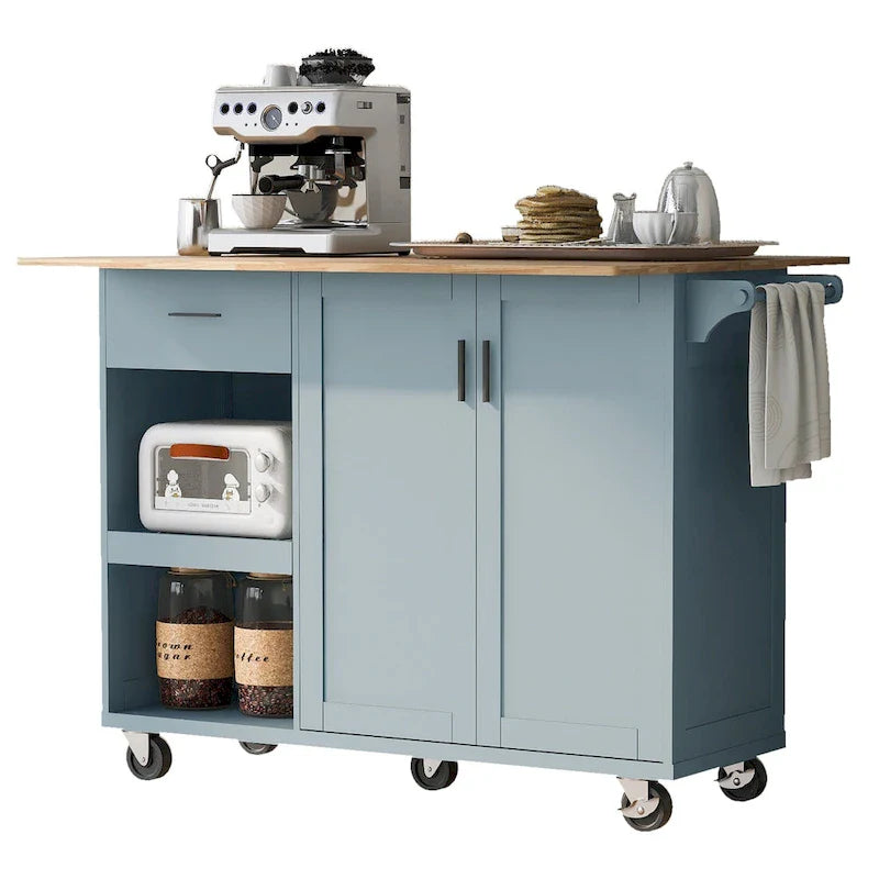 Kitchen Island with Foldable Counter Top, Kitchen Storage Cart with Slide-Out Shelf, Towel Rack and Drawer, Rolling Wheels – Image 12