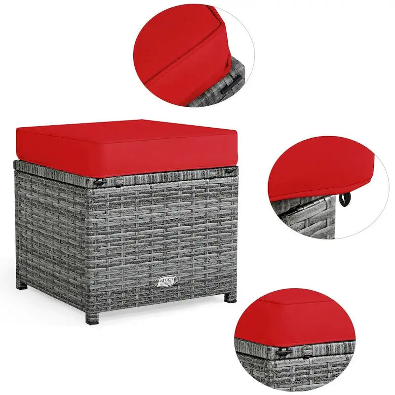 7 Pcs All-Weather Patio Rattan Dining Furniture Sectional Sofa Set with Wicker Ottoman and Cushed Couch – Image 27