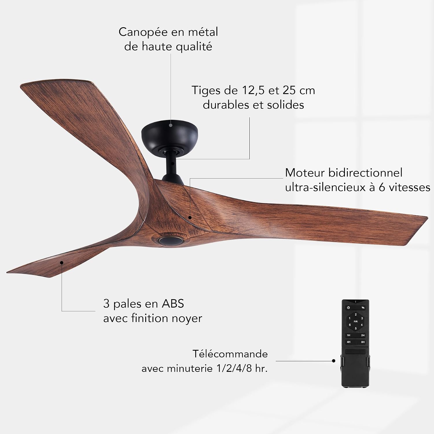 VONLUCE Ventilateur de Plafond Ø132CM 52 Pouces 3 Pales sans Lumière avec Télécommande Moteur DC Silencieux Réversible 6 Vitesses pour Chambre à Coucher Patios Salon Fermier, Noyer – Image 5