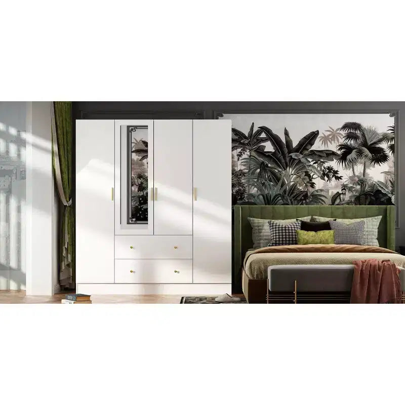Hitow Armoire 2-Large Drawer Center Hanging Area with Mirror Minimalist Style – Image 19