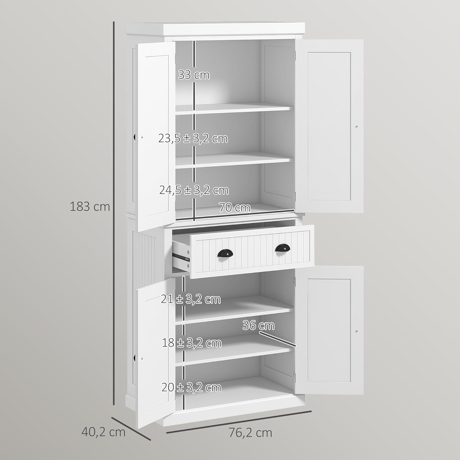 HOMCOM Armoire de Cuisine Buffet Cuisine Style Moderne vaisselier avec placards à Portes, étagères réglables et tiroir, Meuble de Rangement pour Salle à Manger, Salon, 76,2 x 40,2 x 183 cm, Blanc – Image 3