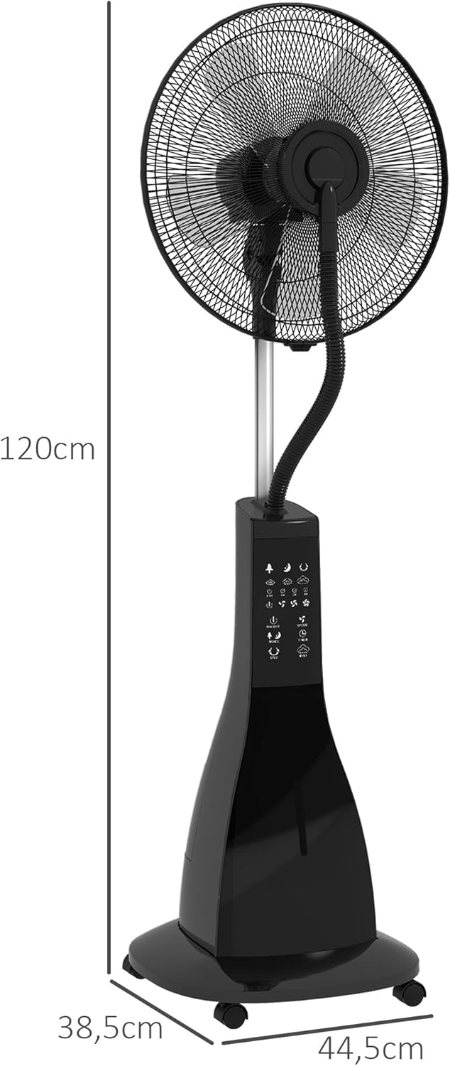 HOMCOM Ventilateur brumisateur sur roulettes ventilateur sur pied 90 W télécommande affichage LED télécommande minuterie 3 modes 3 vitesses oscillant, inclinable réservoir 3L - noir – Image 7