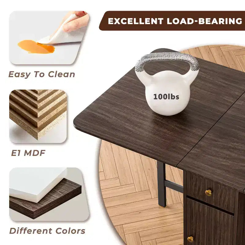 ATJafurn 59'' Foldable Dining Table with Drop Leaves for Small Space, Rectangular Wooden Extendable kitchen Table with Wheels and Storage – Image 9