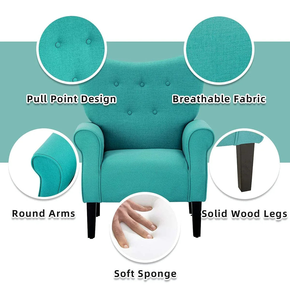 Erommy Modern Accent Chair, High Back Armchair, Upholstered Fabric Button Single Sofa with Wooden Legs for Living Room – Image 35