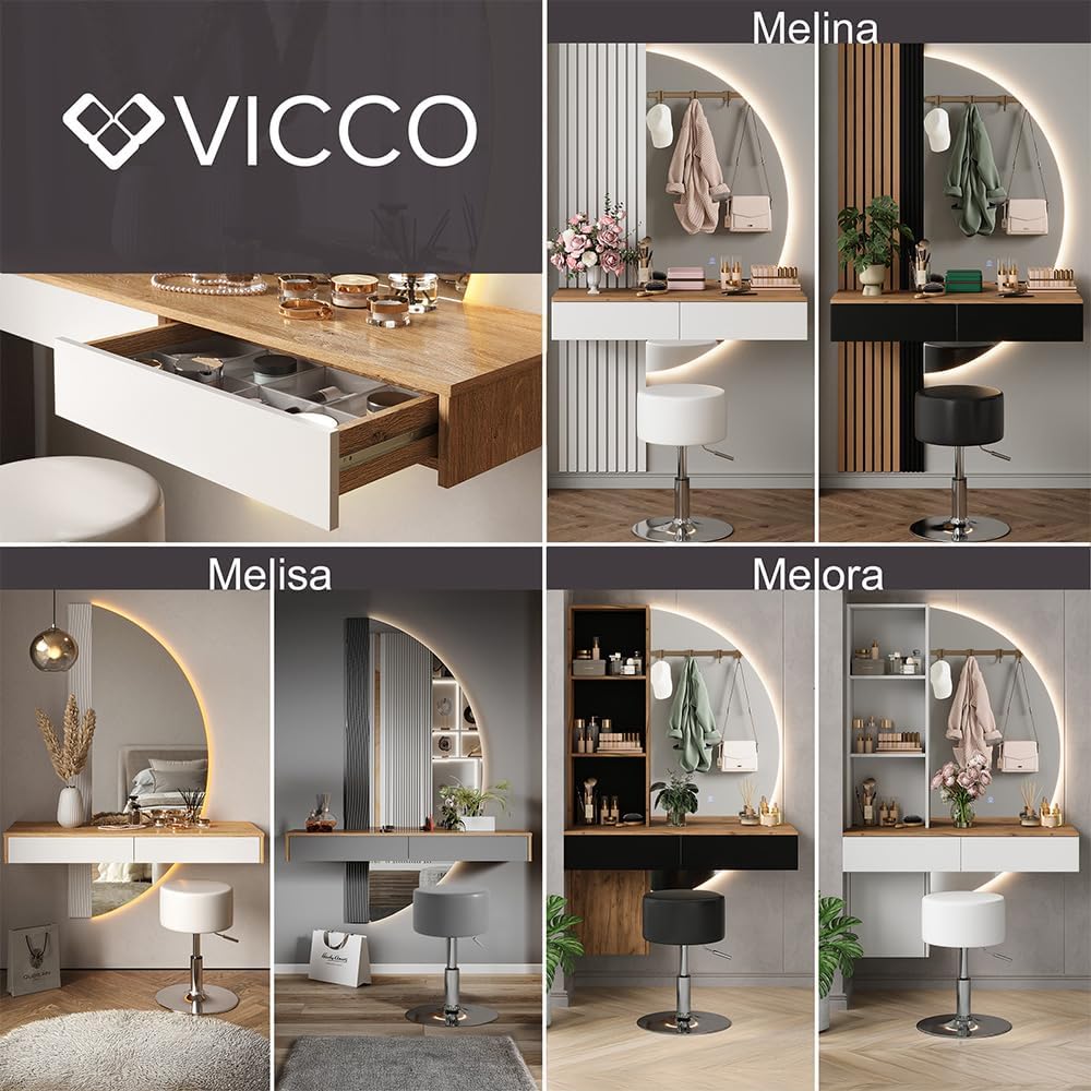 Vicco Coiffeuse Melora, Blanc/chêne, 100cm avec Miroir LED et Tabouret – Image 8