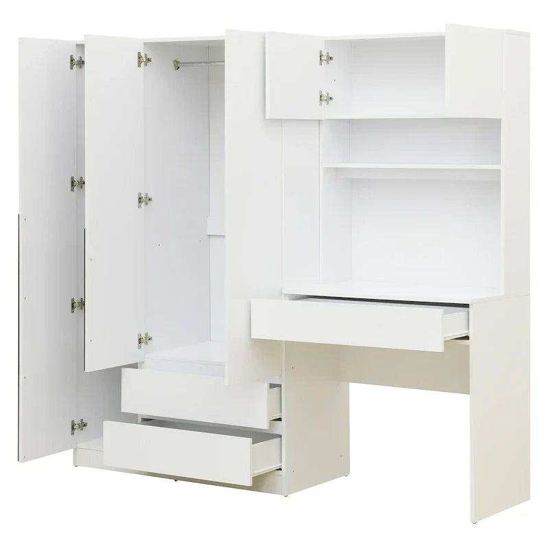 3-in-1 Wardrobe Closet with Vanity Desk, Desk Set, Bedroom Armoire with 2 Drawers 3-Door Storage Desk Wardrobe – Image 10