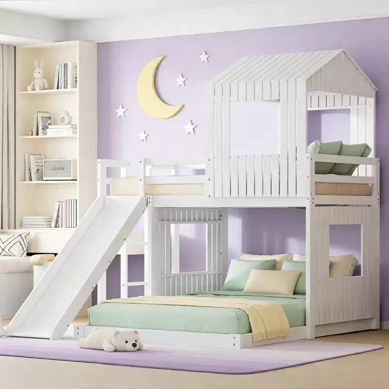 Luxystar Twin Over Full Wood Bunk Bed with Playhouse, Slide and Guardrails – Image 13