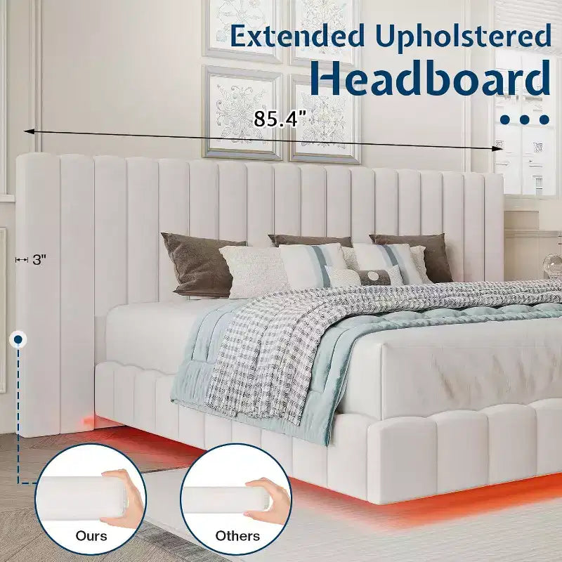 AMERLIFE Upholstered Platform Bed with LED Lights, Floating Design, Solid Slat Support – Image 4