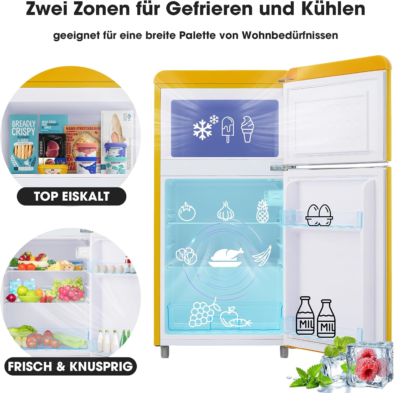 Réfrigérateur-congélateur Style rétro, Deux Portes, capacité Totale de 72 litres, Compartiment congélateur de 21 litres, consommation énergétique de 120 kWh/an, éclairage LED Yellow – Image 8