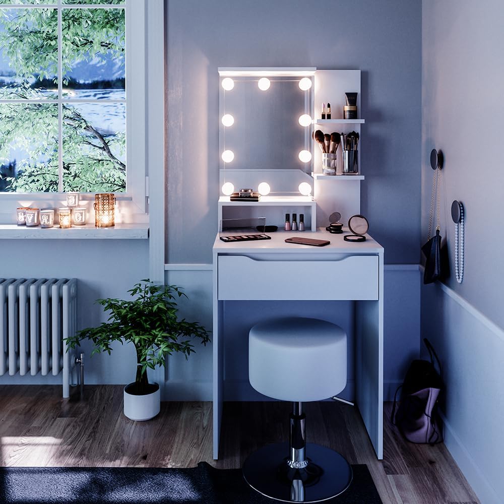 Vicco Coiffeuse Ruben, Blanc, 60 cm avec éclairage LED et Tabouret