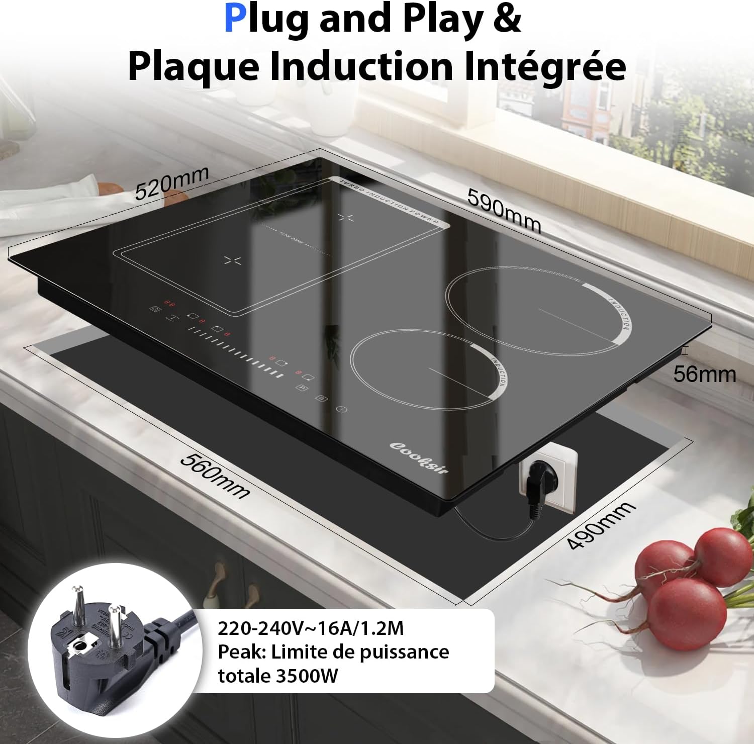 Plaque Induction 4 Feux avec Prise, Table de Cuisson Induction Encastrable 60cm, Plaque Electrique 4 Feux 3500W, Zone Combinée pour le Gril, Commande Tactile à Curseur, 220V – Image 5