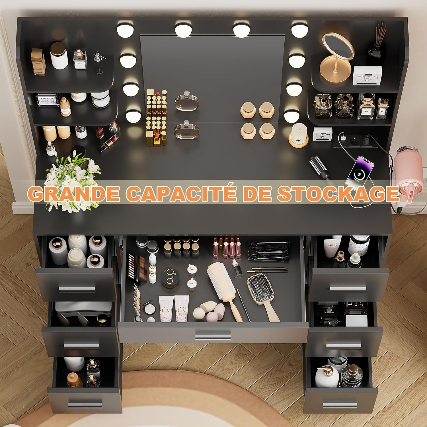 Airfish Coiffeuse LED, tiroir et prise, bureau de maquillage moderne avec étagères, commode pour chambre à coucher – Image 5