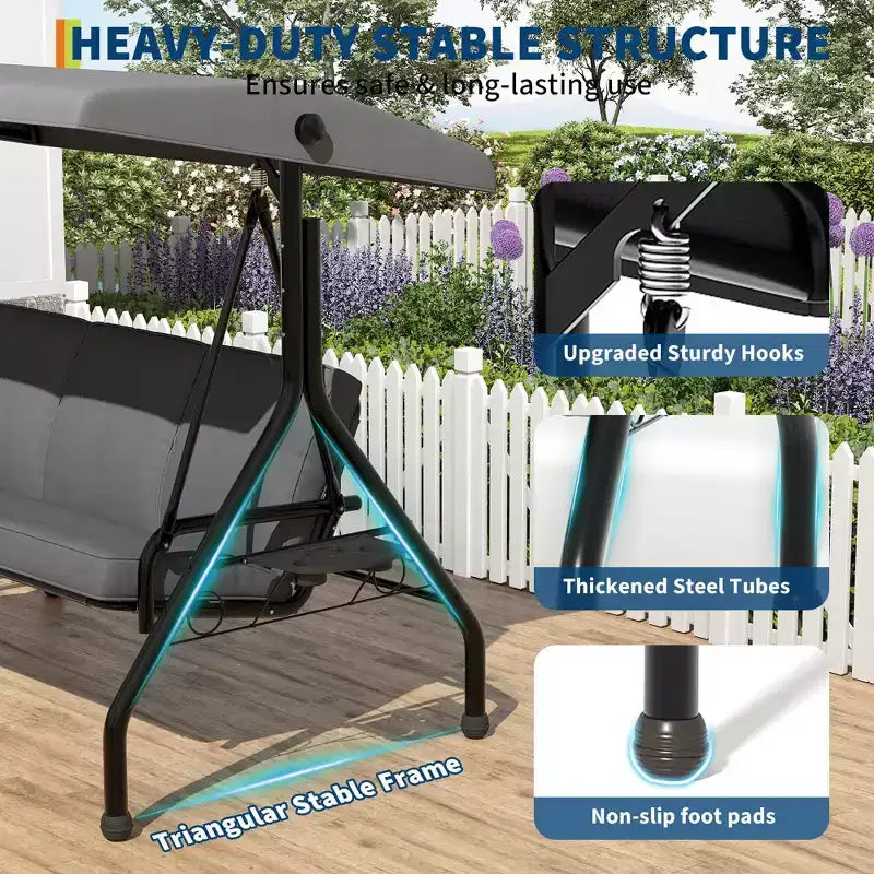 Coolmee 3 Seat Outdoor Porch Swing, 2-in-1 Patio Swing Chair with Thickened Removable Cushions, Weather Resistant Steel Frame for Backyard, Garden – Image 15