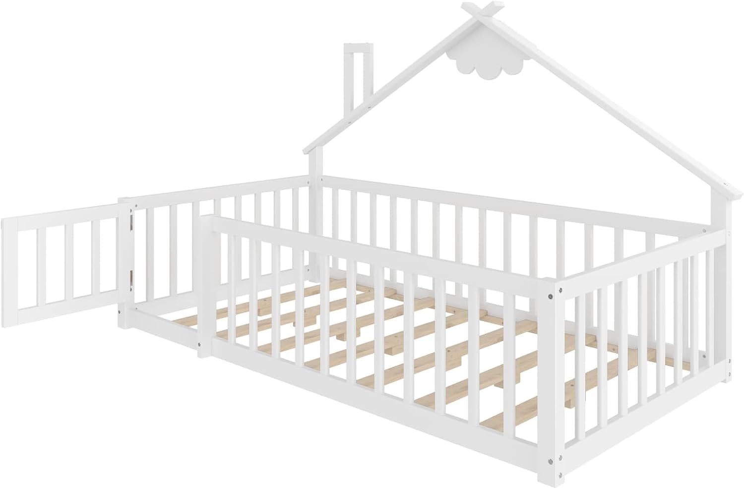 Lit Au Sol Enfant 140x190cm,Lit Cabane Enfant Montessori avec Design Cabine Distinctif,Porte,Barrières Hautes,Sommier à Lattes Solide,pour Enfants,Pin (A-Blanc, 90x190) – Image 7