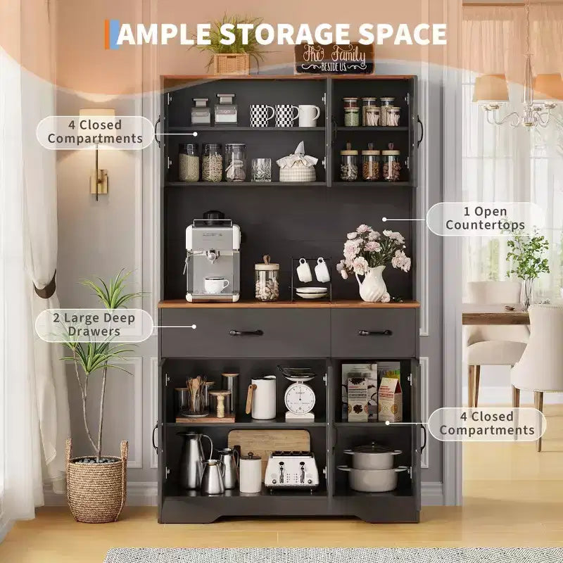 71 Kitchen Pantry Cabinet with Charging Station, Large Countertop, Microwave Stand & 2 Drawers,Hutch Storage for Dining & Living Room – Image 12
