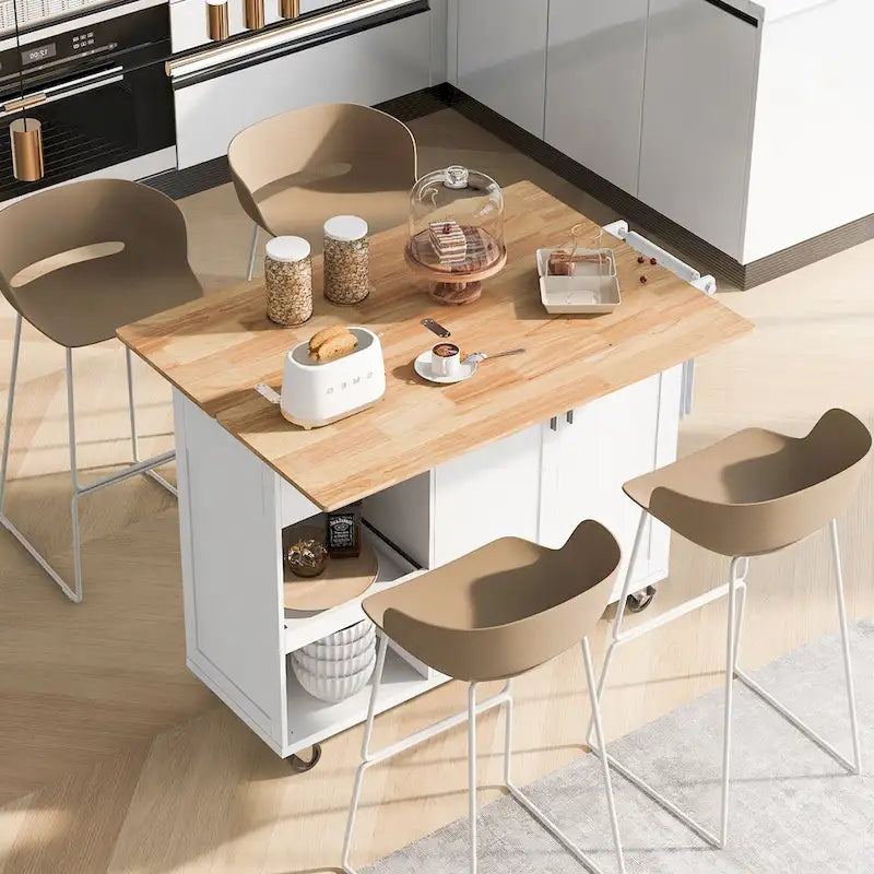 Kitchen Island with Foldable Counter Top, Kitchen Storage Cart with Slide-Out Shelf, Towel Rack and Drawer, Rolling Wheels – Image 18