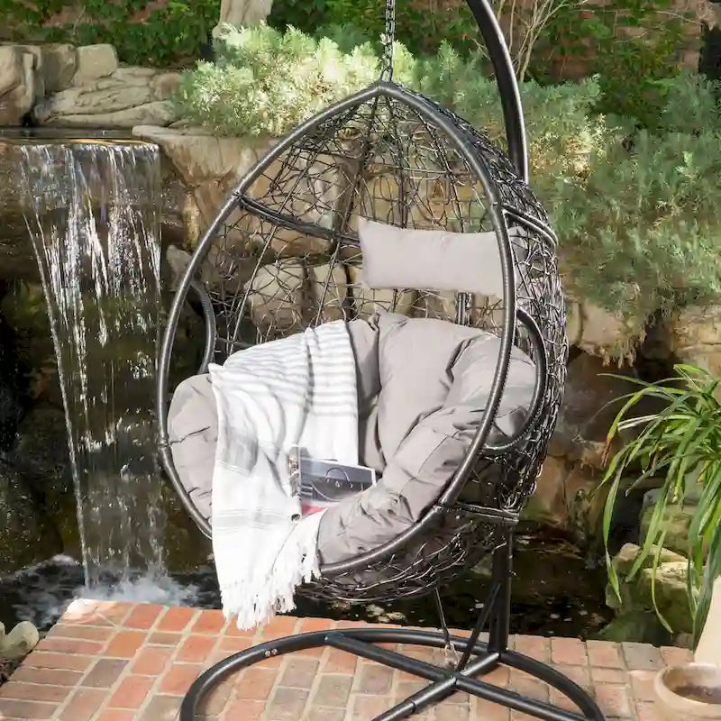 Khaki Brown / Gray Wicker Hanging Egg Chair with Cushion, 1-Person, 300 lbs Capacity