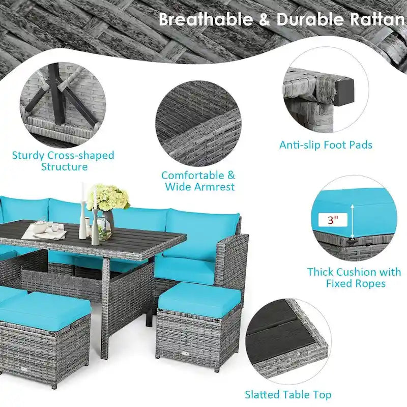7 Pcs All-Weather Patio Rattan Dining Furniture Sectional Sofa Set with Wicker Ottoman and Cushed Couch – Image 24