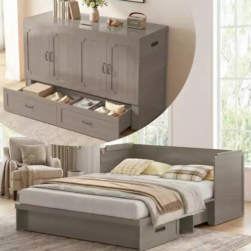 Mjkone Queen Size Convertible Murphy Cabinet Bed with Mattress, USB Charging, Storage Drawers – Image 31