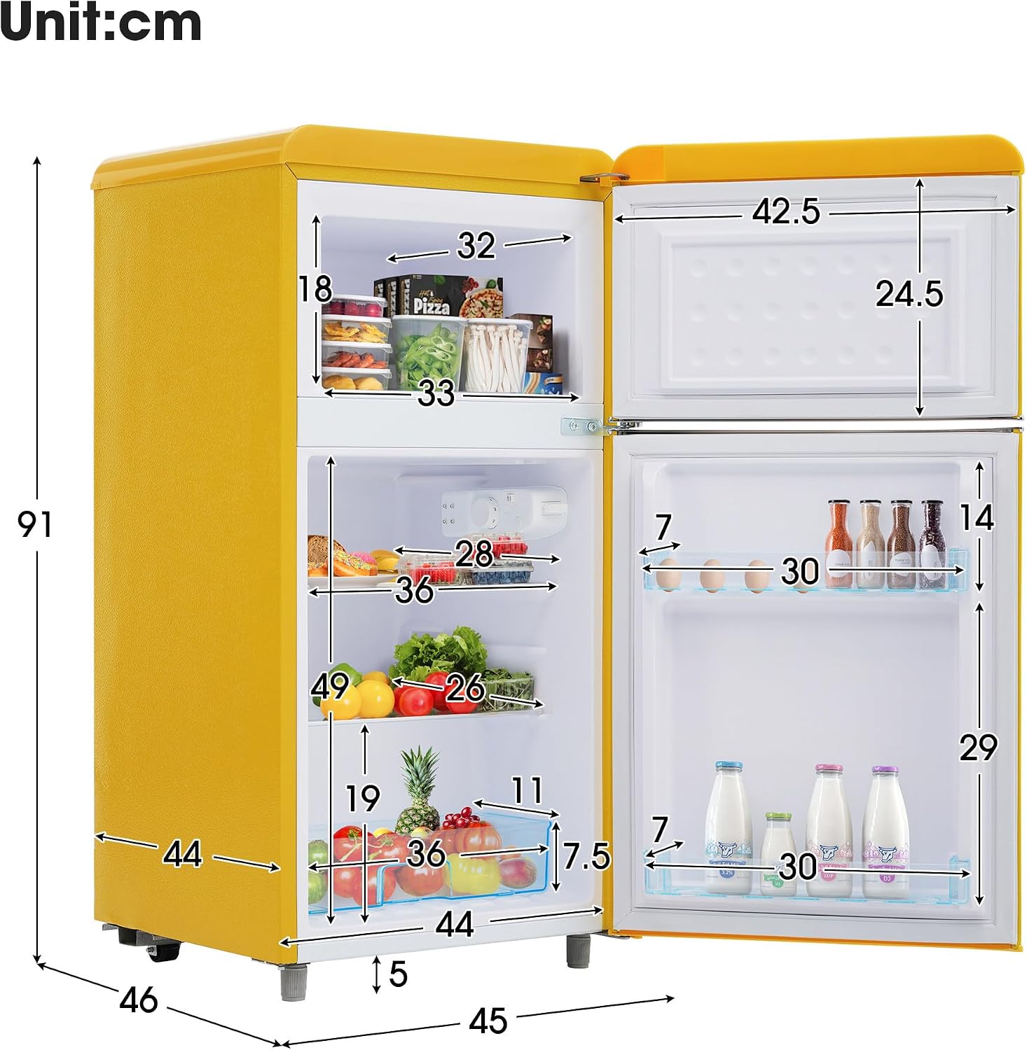 Réfrigérateur-congélateur Style rétro, Deux Portes, capacité Totale de 72 litres, Compartiment congélateur de 21 litres, consommation énergétique de 120 kWh/an, éclairage LED Yellow – Image 12