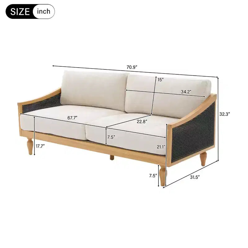 Mid-century Loveseat Sofa with Soft Upholstery, Rattan Armrests & Wooden Legs, 2-Seater Sofa for Living Room, Bedroom, or Apartment-Panipeachy – Image 6