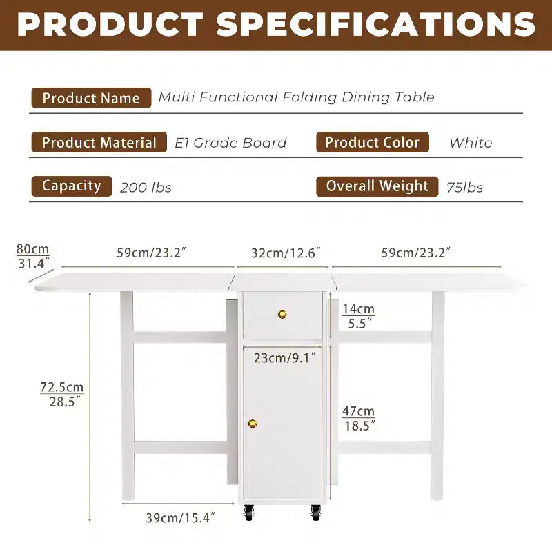 ATJafurn 59'' Foldable Dining Table with Drop Leaves for Small Space, Rectangular Wooden Extendable kitchen Table with Wheels and Storage – Image 24