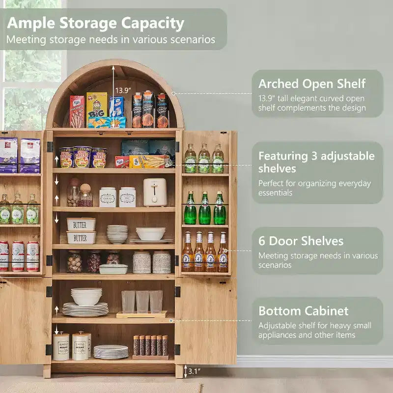 71 Tall Arched Kitchen Pantry, Modern Storage Cabinet with 3 Adjustable Shelves, 6 Door Shelves, for Kitchen, Living Room – Image 16