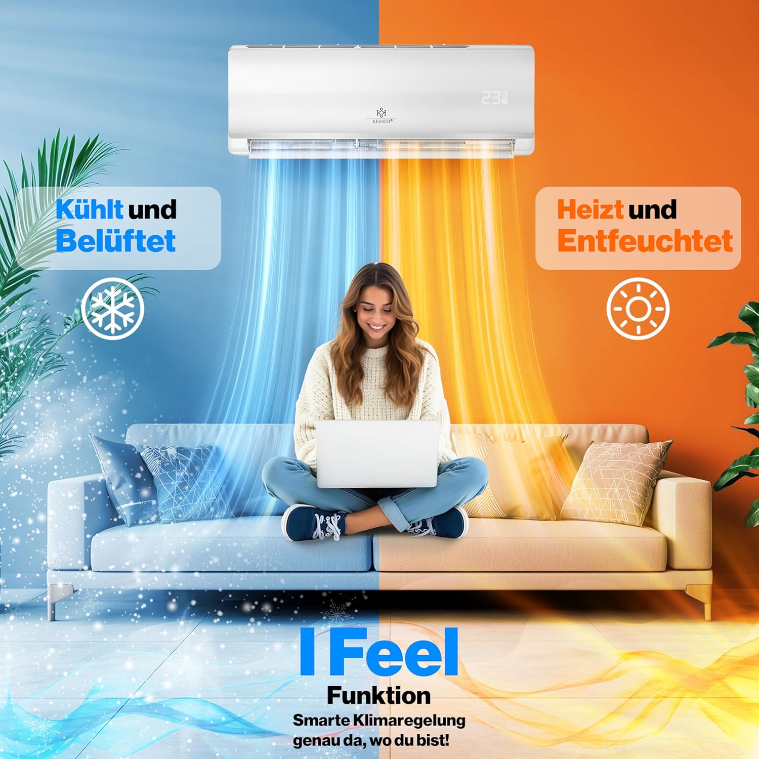 Kesser® Kit de climatisation Split Quick Connect 12000 BTU 3,4 kW – Appareil climatiseur WiFi & App avec fonction de chauffage & mode de refroidissement Climatiseur mural, avec tuyauterie en cuivre – Image 4