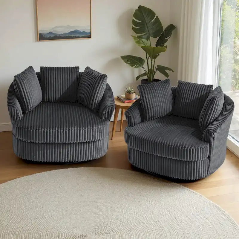 2 Set Oversized 43 W Plush Corduroy Swivel Barrel Chair with Pillows – Image 8