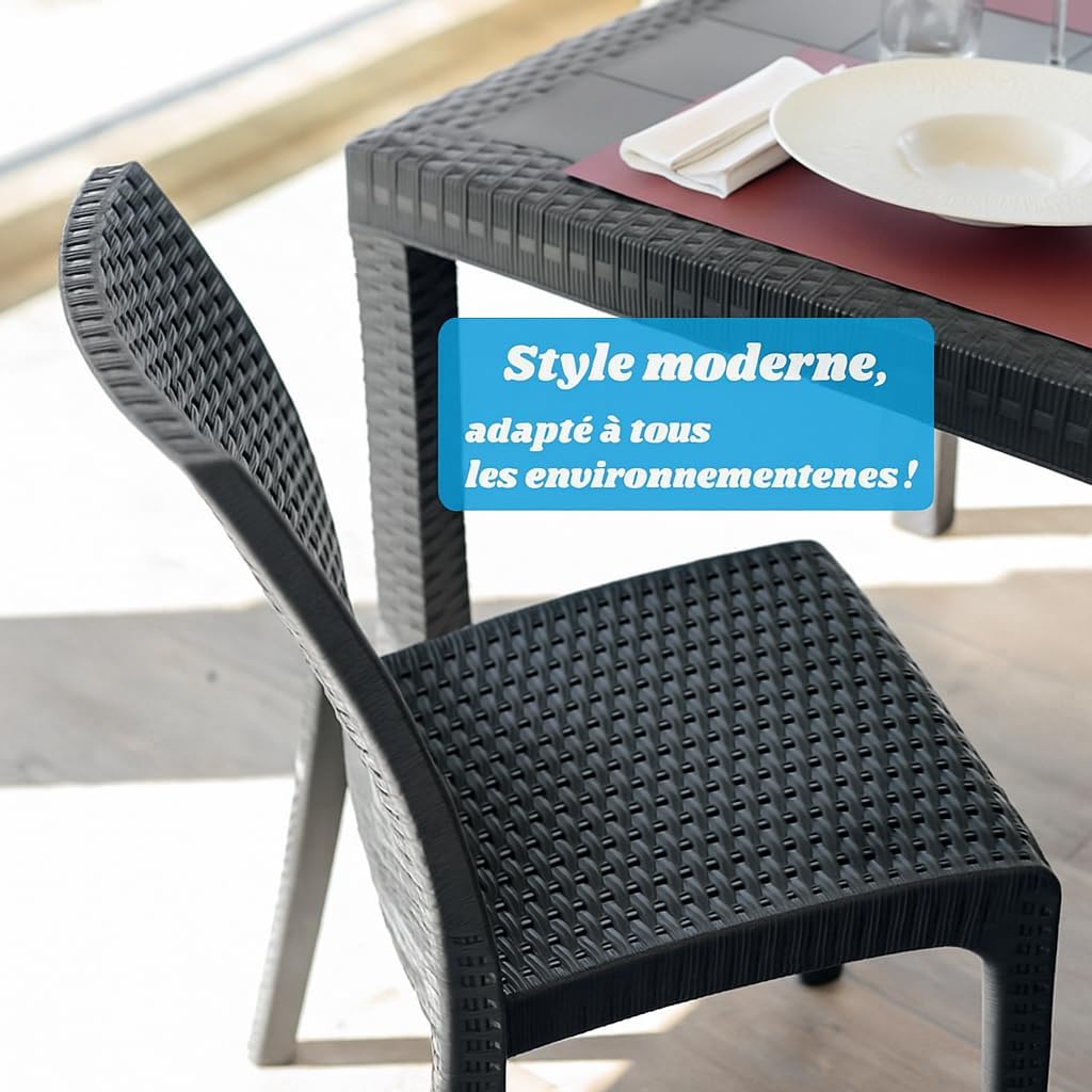 Tomaino - Chaise de jardin empilable en plastique - Lot de 6 chaises empilables pour table d'extérieur en rotin - Fauteuil en polypropylène pour maison, jardin, balcon, bar (Noir) – Image 7