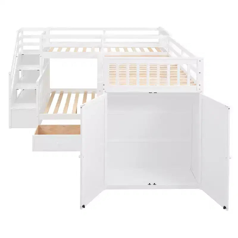 Whisen Modern Design Twin over Full L-Shaped Bunk Bed With 3 Drawers, Portable Desk and Wardrobe – Image 69