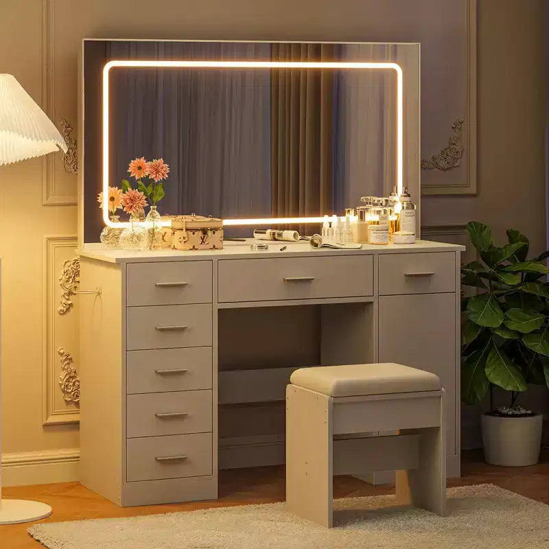 Modern Vanity Desk with Large Mirror, 7 Drawers, LED Lights, Chair, 3 Light Modes, Hair Dryer Holder and Charging Station for Bedroom