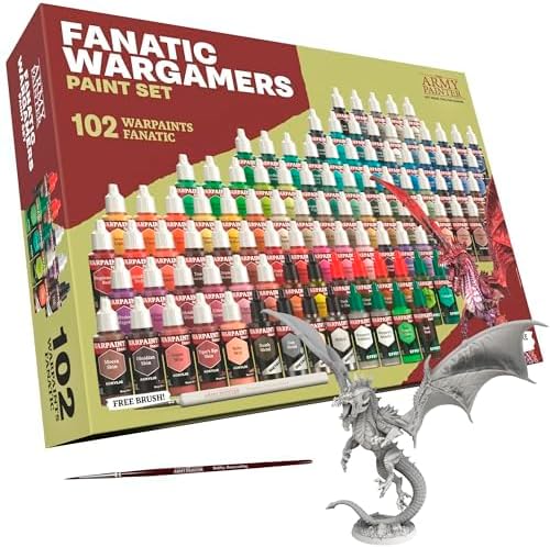 The Army Painter, Warpaints Fanatic Wargamers Set Combo, 102 x 18 ml Peintures Acryliques incl. Métalliques, Lavis, Effets, 2 Pinceaux & 1 Figurine - Ensemble de peinture pour D&D & Warhammer.