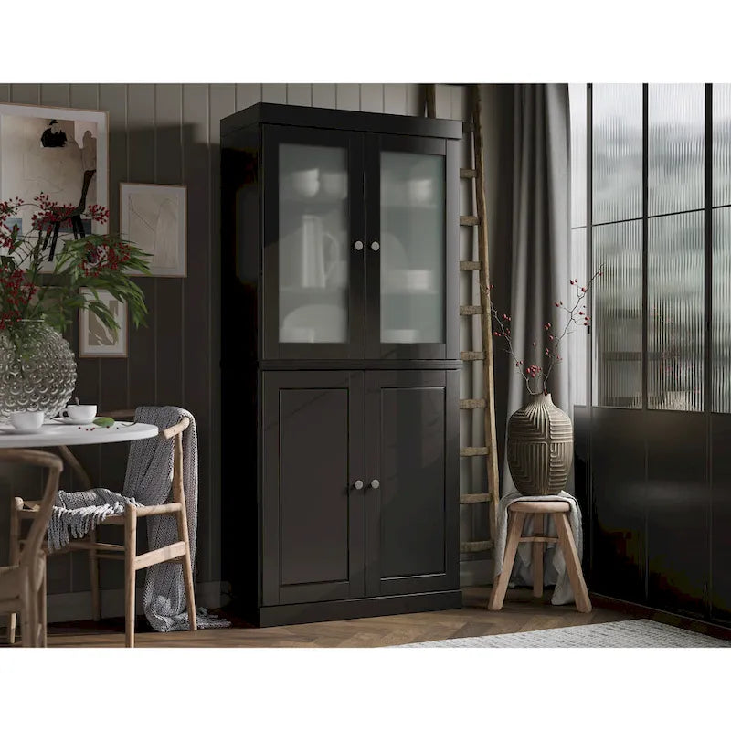 100% Solid Wood Pantry Cabinet with Frosted Glass Doors, Solid Doors, 2-Drawers and Adjustable Shelves – Image 34