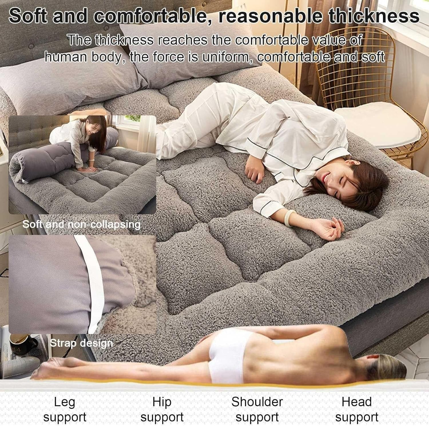 Matelas Futon Japonais, Matelas Futon Extra Épais Et Moelleux, Matelas De Couchage Super Doux Et Poilus Enroulables, Tapis De Couchage Portable, Matelas De Canapé, Lit D'invité – Image 5