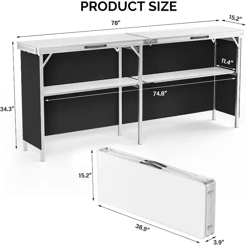 VINGLI 78 Portable Bar Table, 2-Tier Shelves, Mobile Bar Table for Events, Party, Camping, Picnic, Tradeshow, Indoor with Black Skirt – Image 3