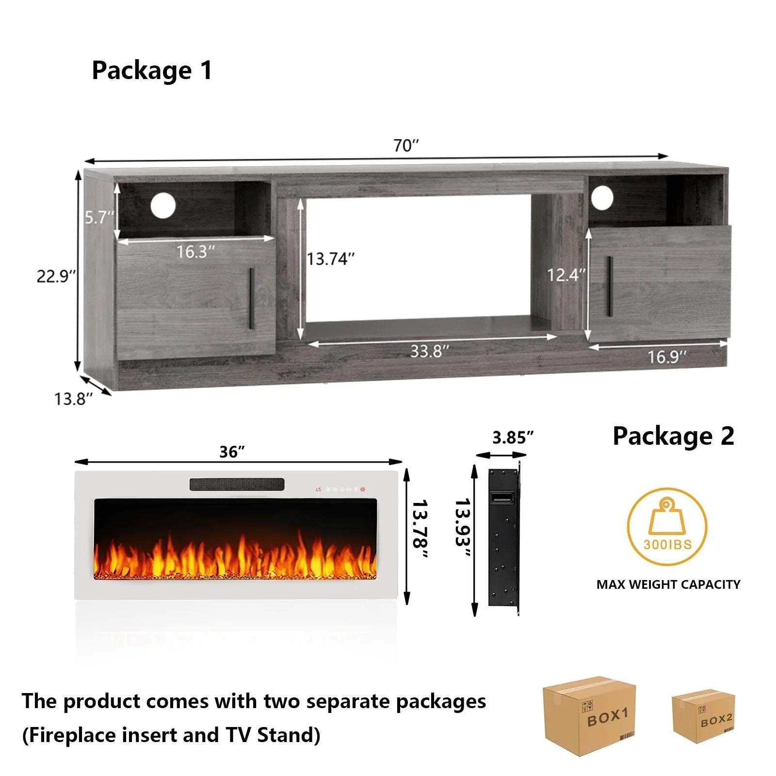 Bossin 70 Fireplace TV Stand with 36 Electric Fireplace, TV Stand for TVs Up to 80, 16 Colors LED Lights/Entertainment Center – Image 48