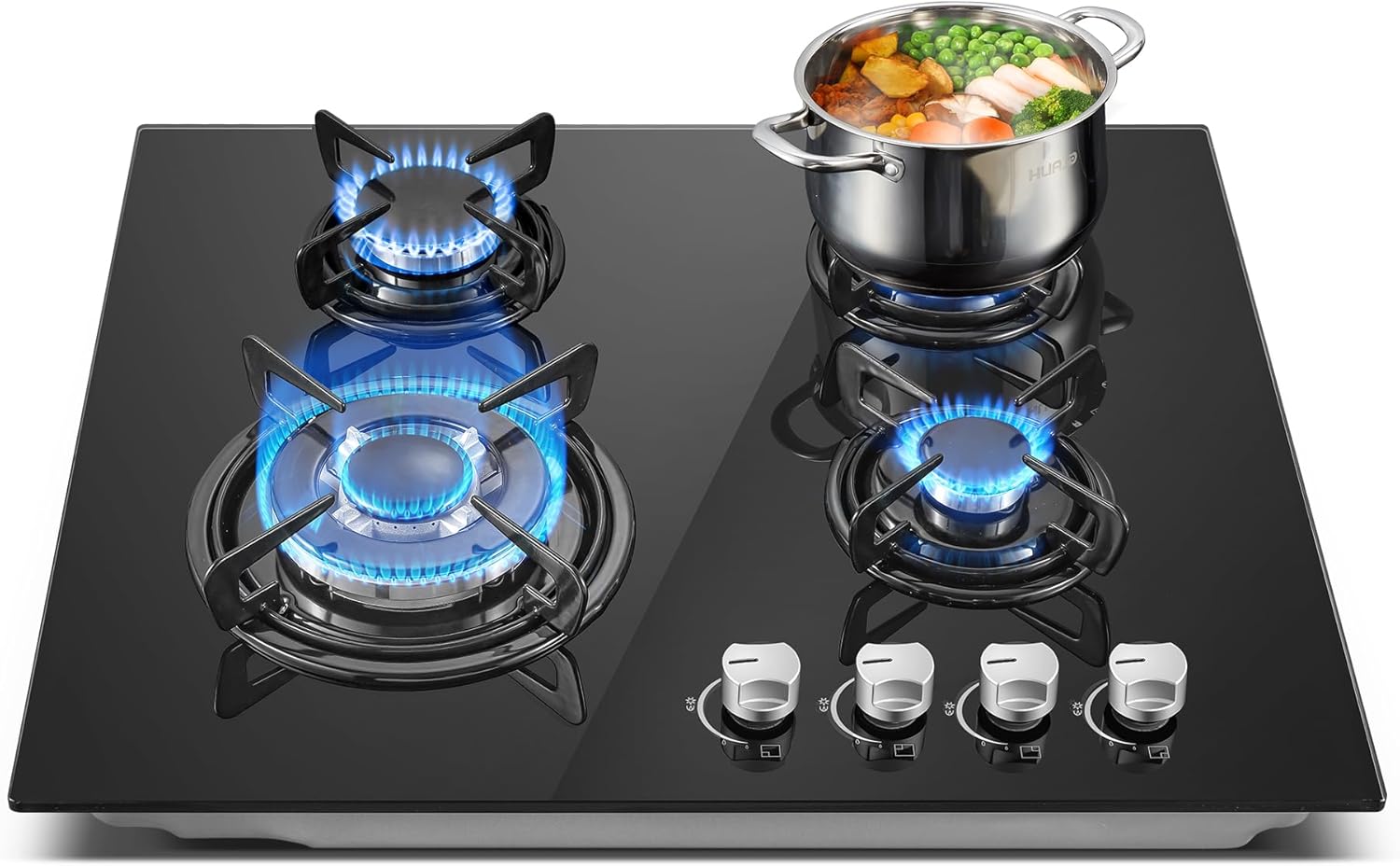 TopStrong Plaque de cuisson à gaz 4 brûleurs, 60 cm en verre noir, avec brûleur wok 8060 W et protection thermocouple, compatible gaz naturel et GPL
