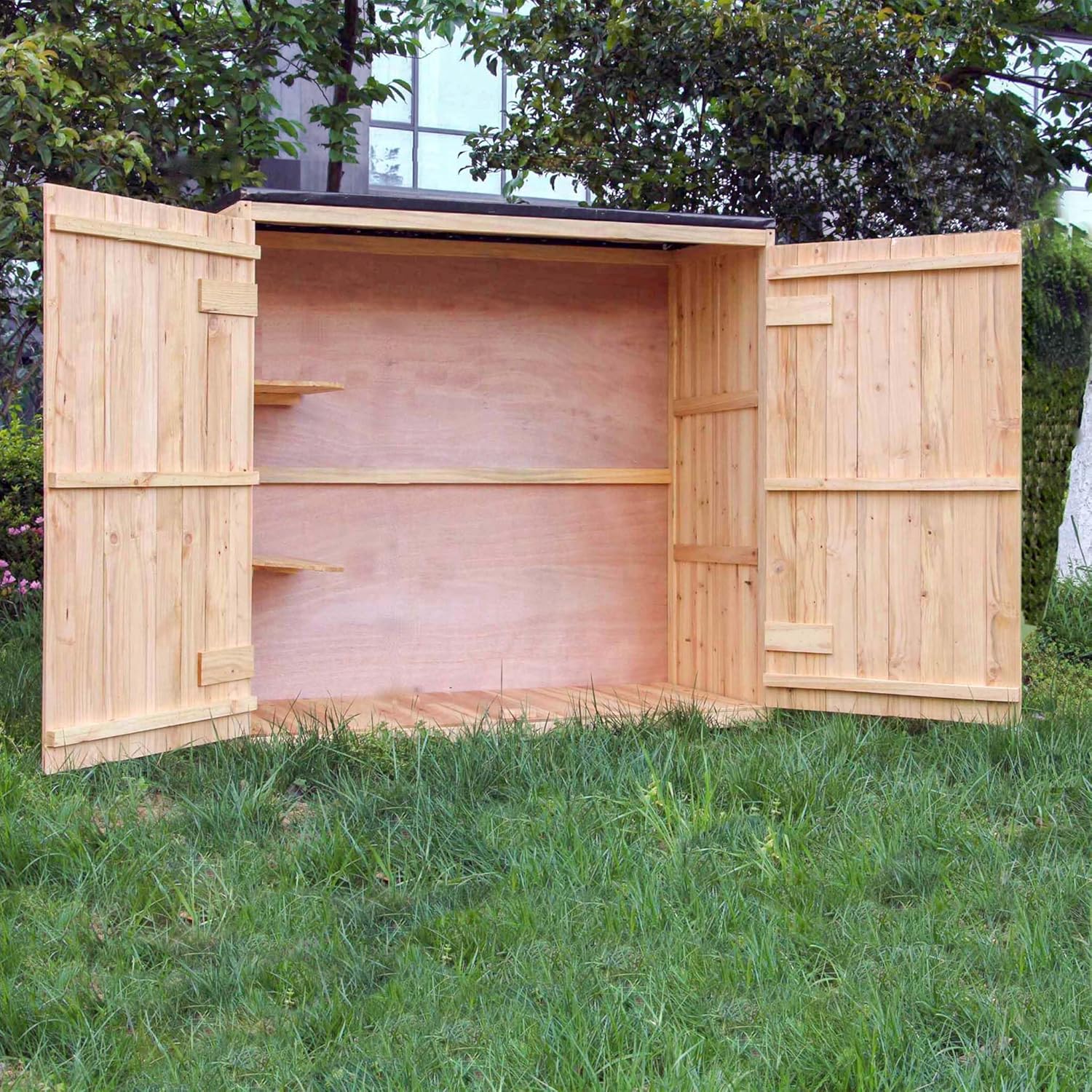 Wiltec Abri de Jardin – 1360 x 580 x 1270 mm – en Bois Verni – avec Toit revêtu par PVC et 2 Portes – Cabane Remise pour Rangement Outils pour Jardin, Terrasse & Balcon – Image 6