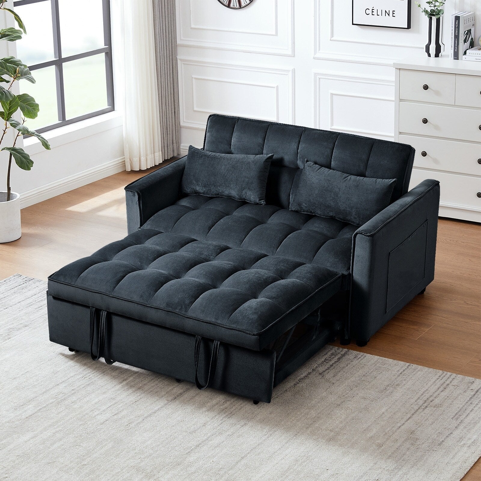 Modern Pull-Out Couch Bed, 3-in-1 Sleeper Sofa with Adjustable Backrest, Velvet Loveseat, Pillows & Side Pockets – Image 2