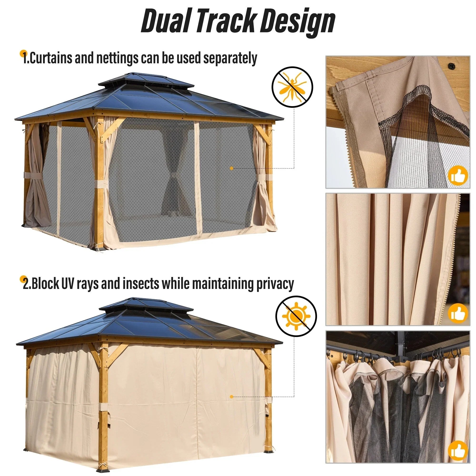 EROMMY Hardtop Gazebo,Outdoor Pergola with Double Roof & Netting & Curtains,Heavy Duty Canopy for Patio, Backyard, Pool party – Image 129