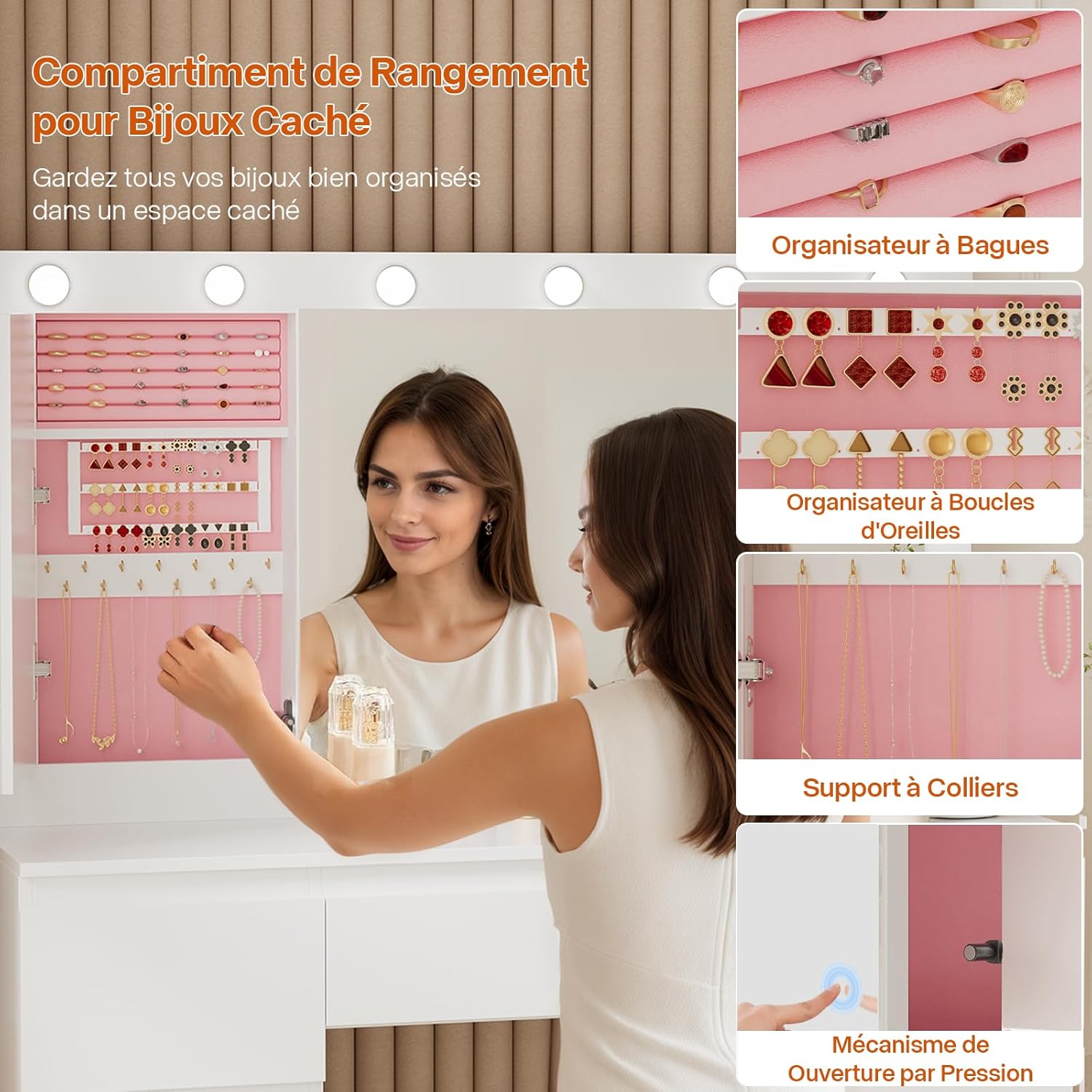 TRIUMPHKEY Coiffeuse avec Grande Miroir et Multiprise, 12 Ampoules LED Réglables, Table de Maquillage avec 7 Tiroirs, Rangement de Bijoux, 120x40x140cm Grande Commode Moderne Blanc – Image 3