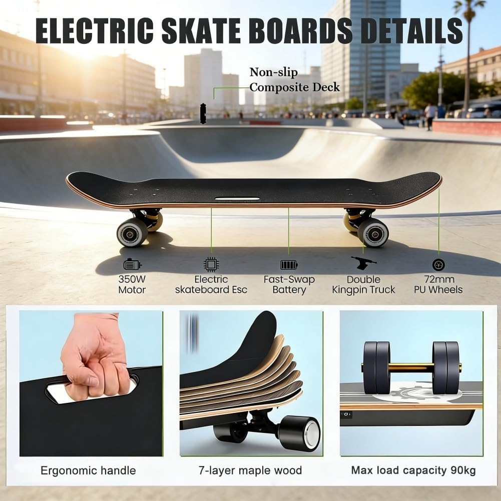 Skateboard Électrique Tout-Terrain avec Télécommande Intelligente, Vitesse Maximale 25km/h et Autonomie de Déplacement 15km, Contrôle 4 Vitesses avec Affichage, Design Skate – Image 2