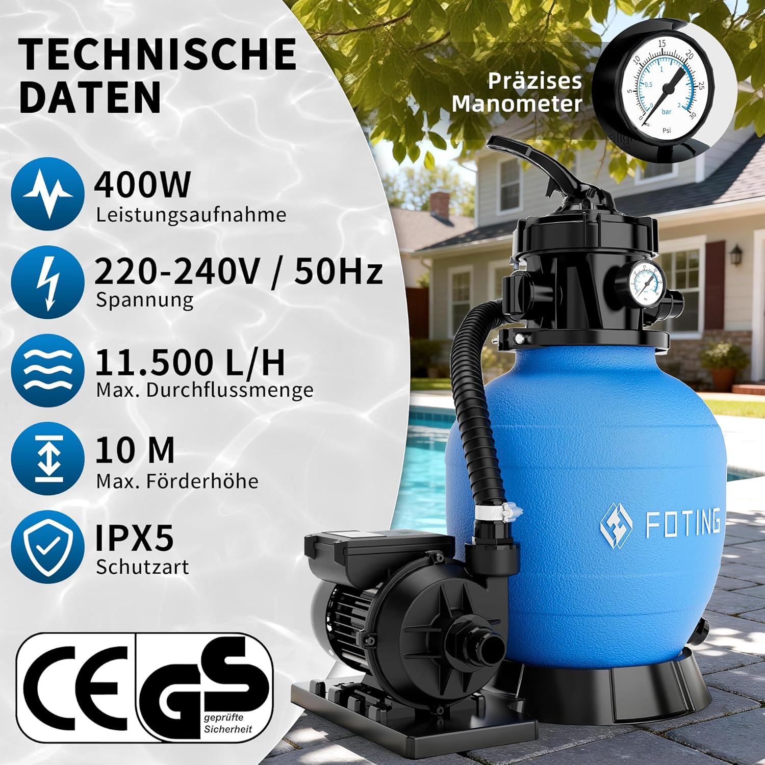 FOTING Système de Filtre à Sable pour Piscine 11 500 L/h (11,5 m³/h) INCL. 200 g de Billes Filtrantes, Filtre de Piscine avec Vanne 7 Voies, Minuterie 24 h, Adaptateur 2-en-1 Ø32–38 mm – Image 2