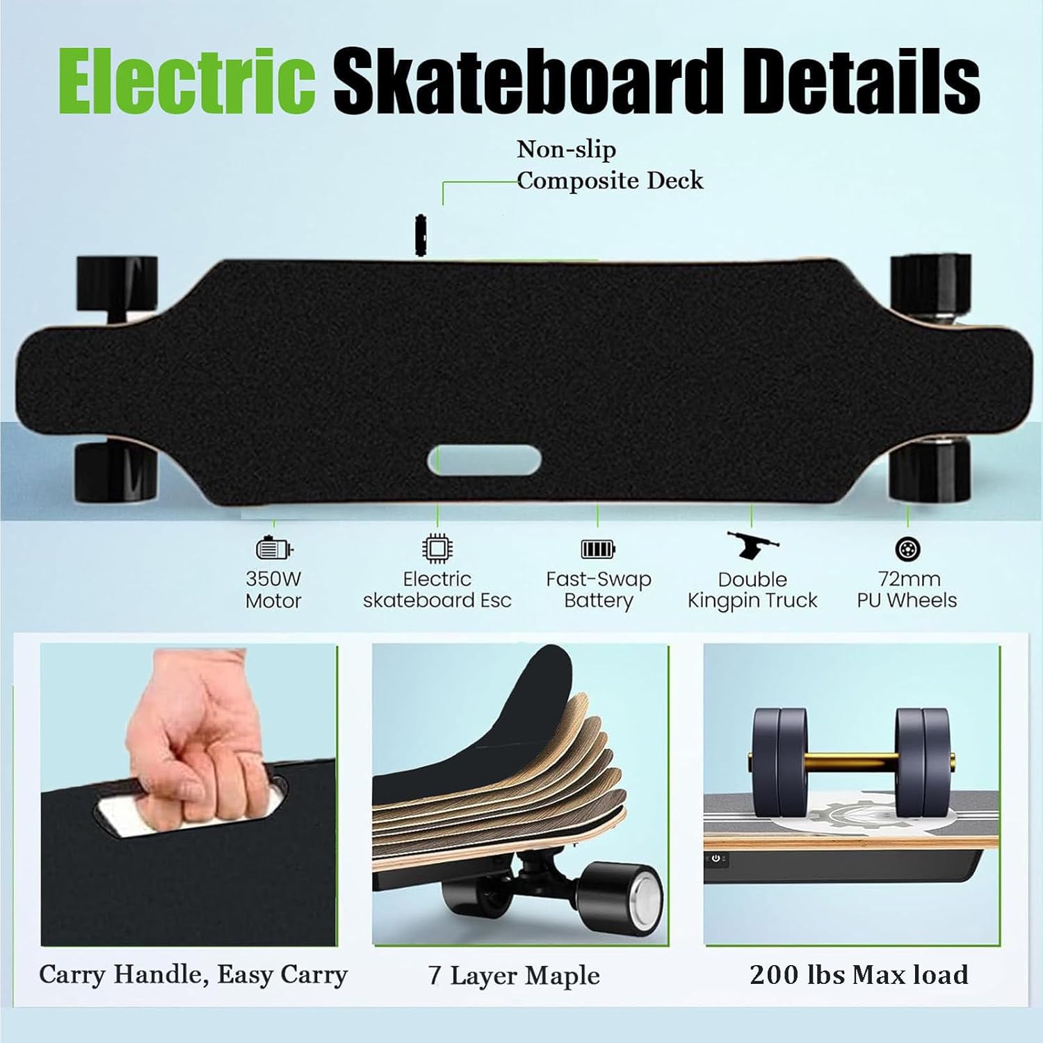 Longboard ÉLectrique pour Les Trajets Quotidiens, E-Skateboard, Skateboard 4 Roues en Bois D'éRable pour Adultes, Skateboard ÉLectrique 7 Couches en ÉRable – Image 5